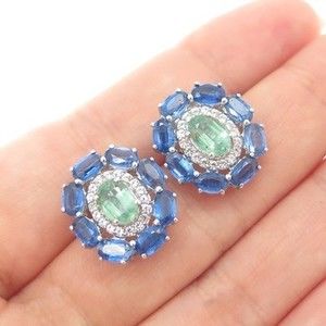 925 Sterling Silver Real Blue & Green Sapphire White Topaz Cluster Earrings